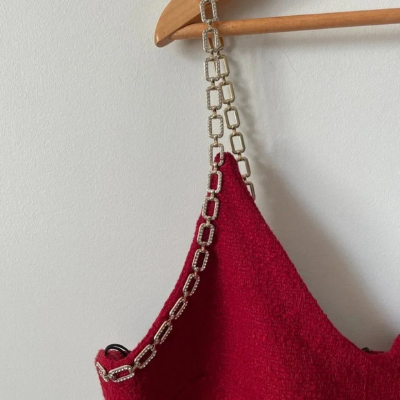 Zara Chain Trim  Asymmetric Mini Dress Red Tweed Blogger Fave Size Large NWT - Picture 13 of 16